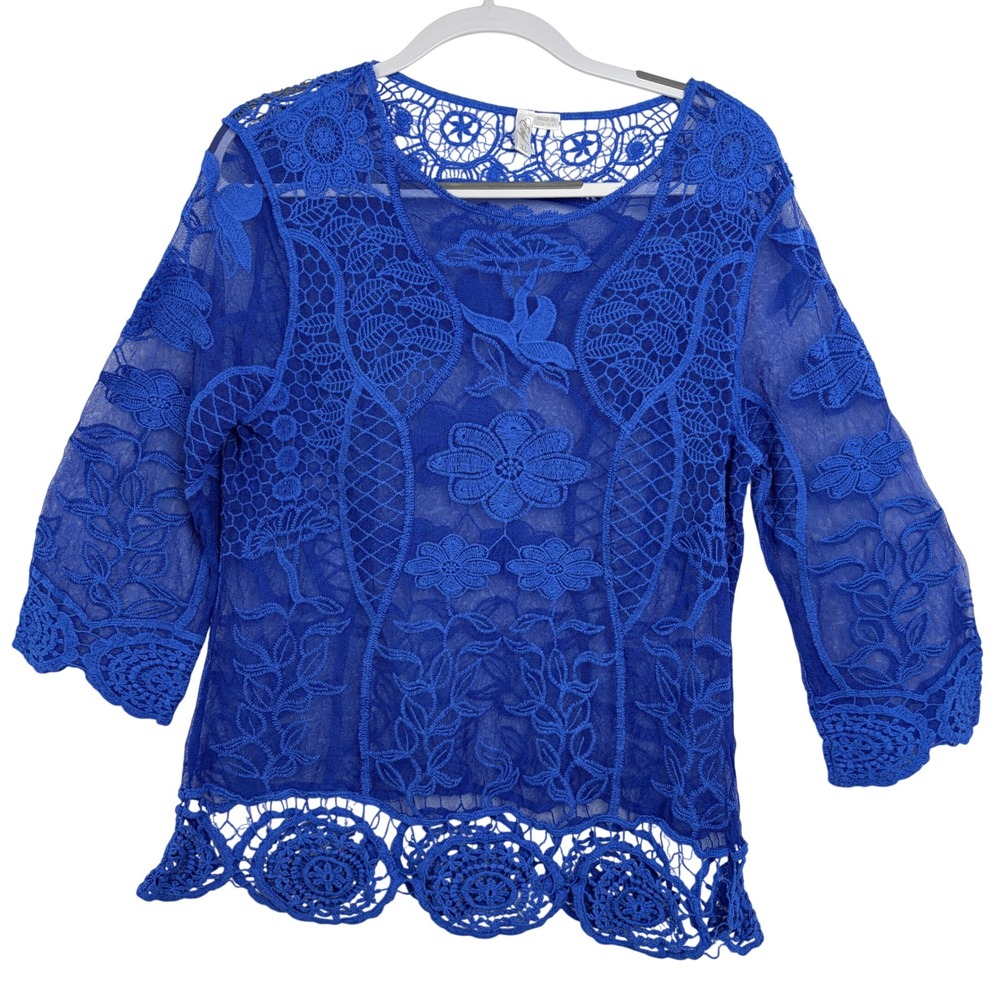 Ethyl Lace Embroidered Top XL Royal Blue Floral Sheer Boho Mesh 3/4 Sleeve